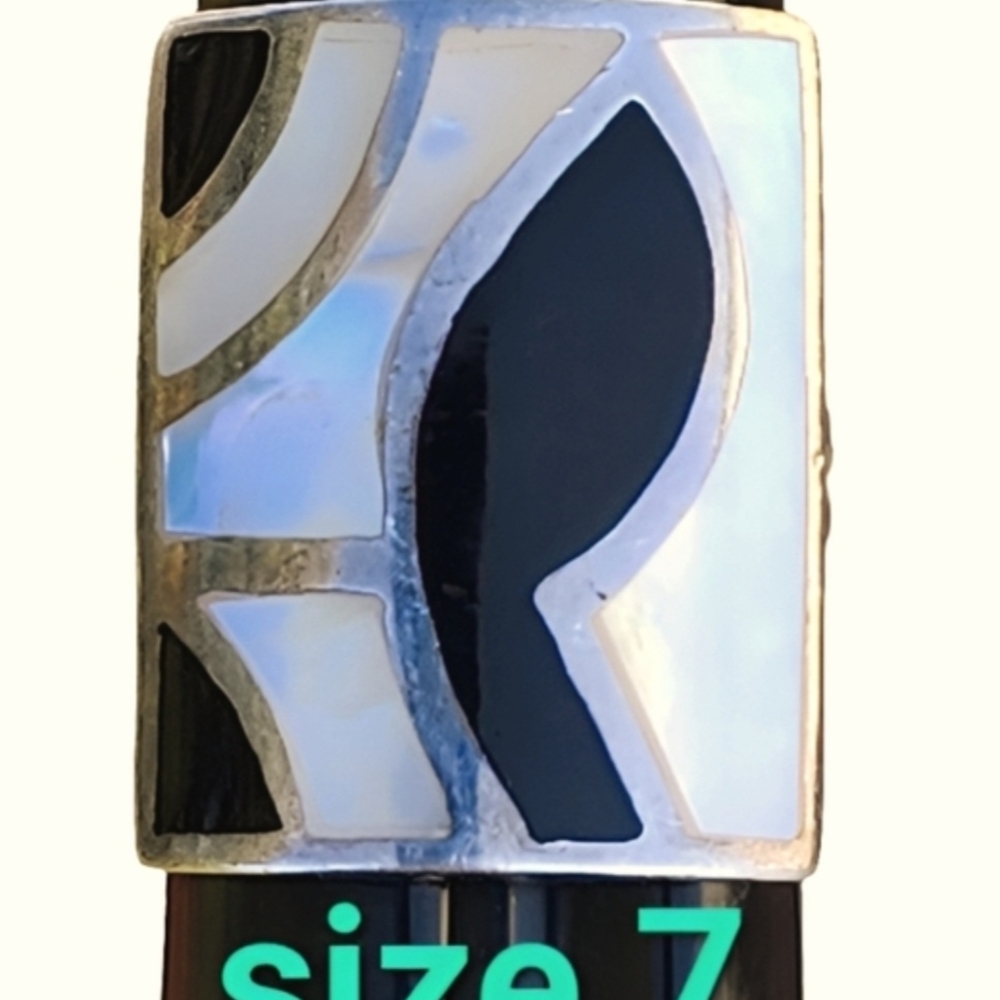 Charles Winston Black Enamel White MOP Inlay Statement Ring Sz 7 Sterling Silver
